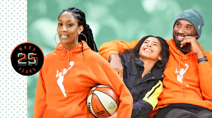 A'ja Wilson, Gianna Bryant and Kobe Bryant. Wilson and Kobe are wearing orange WNBA hoodies